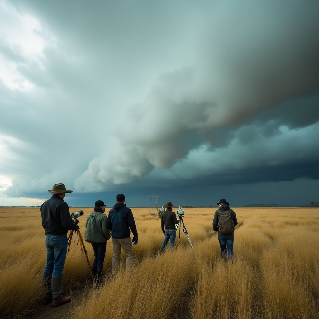 Equipo de meteorólogos en campo durante tormenta